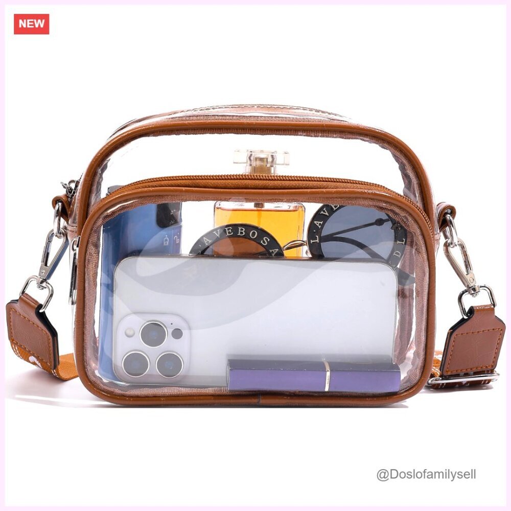 Stadium-Approved Clear Crossbody Bag with Faux Leather, Adjustable Strap